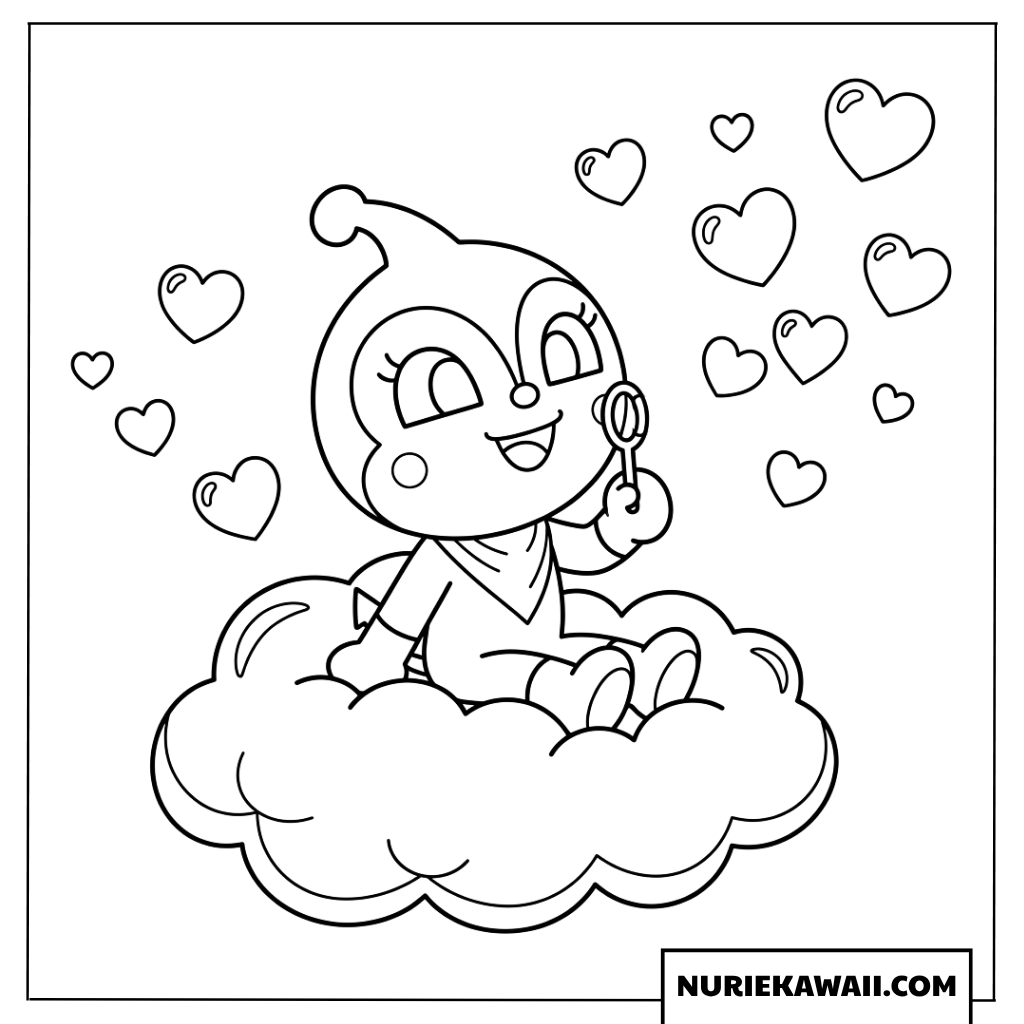 ふわふわの雲に乗ってハートのシャボン玉を吹くコキンちゃんの塗り絵