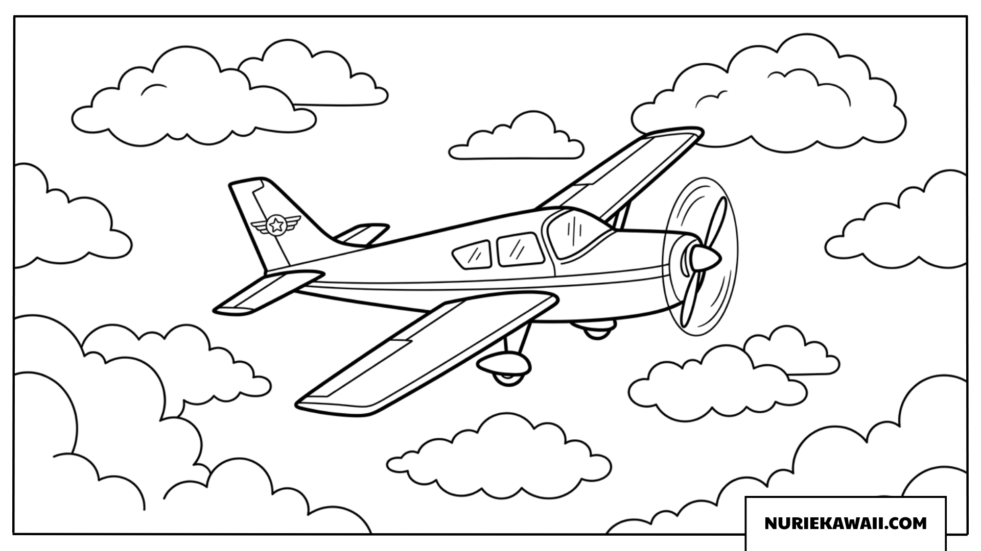 もくもくした雲の間を飛ぶプロペラ飛行機の簡単塗り絵