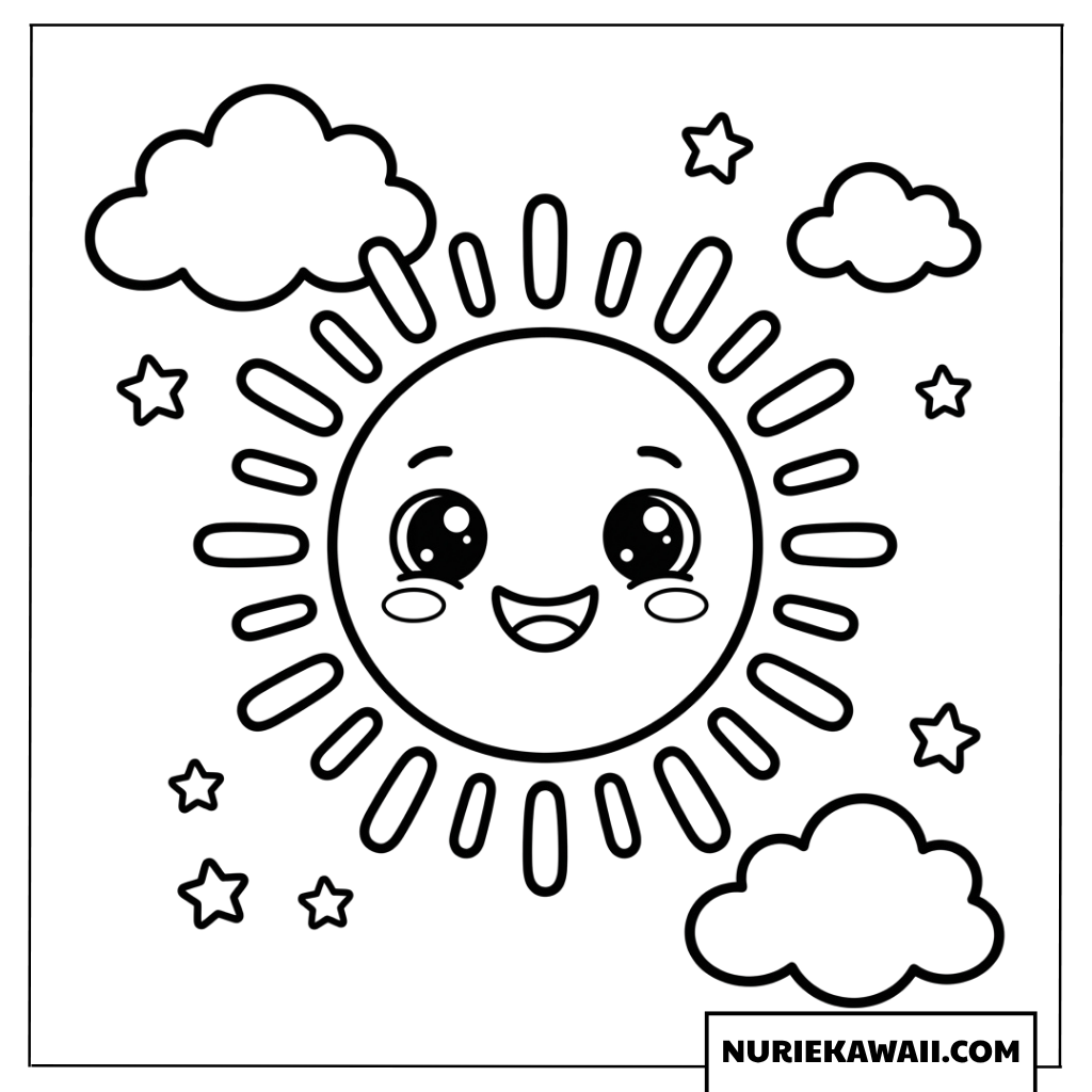 もくもくの雲ときらめく星空に囲まれてにこにこ輝くお日様の塗り絵