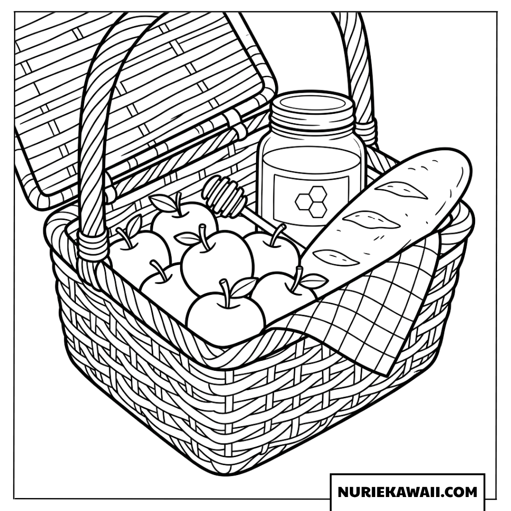 りんごとパンが詰まったピクニックバスケットの塗り絵