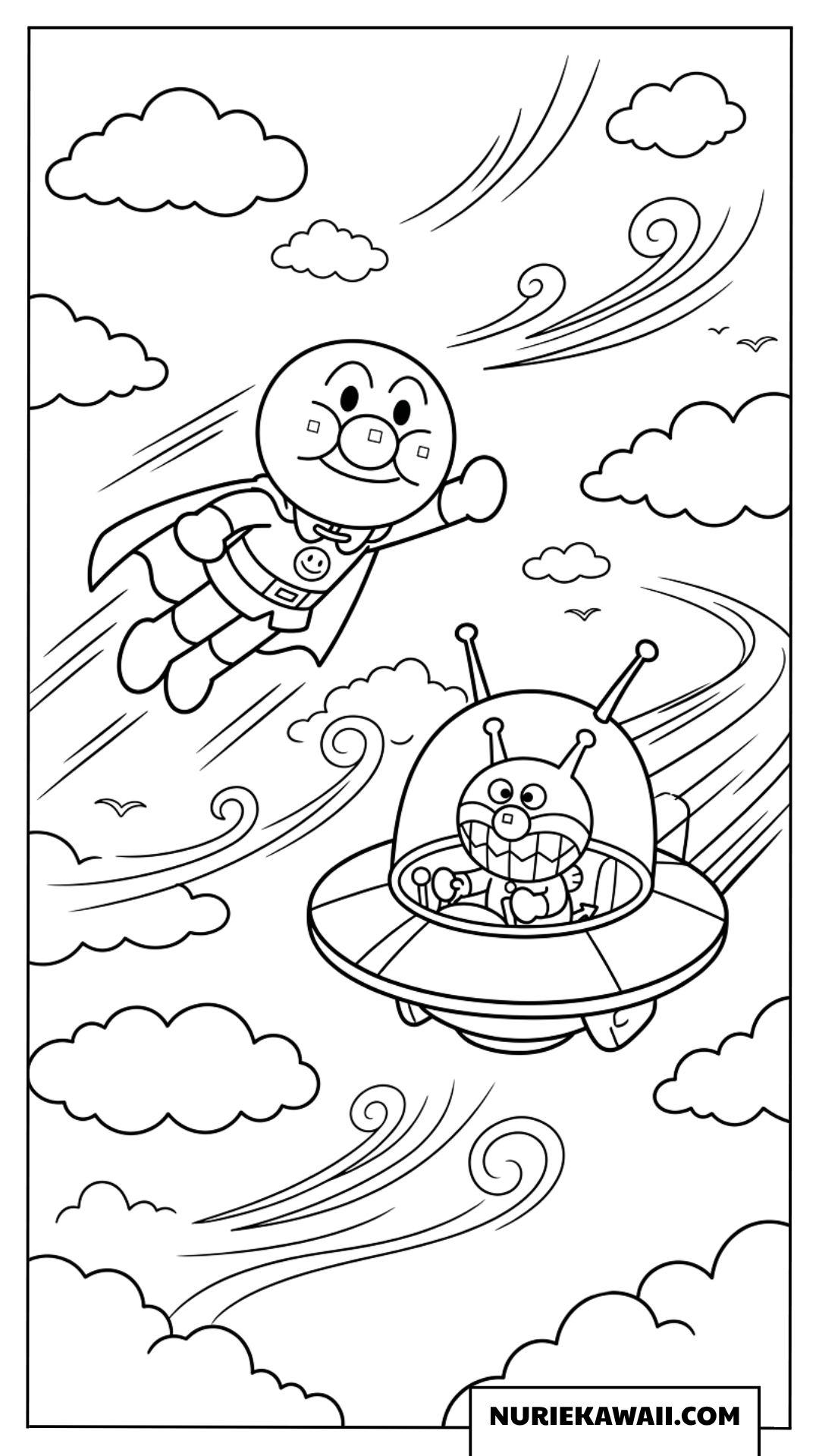アンパンマンが空でばいきんまんを追いかける格好いい塗り絵