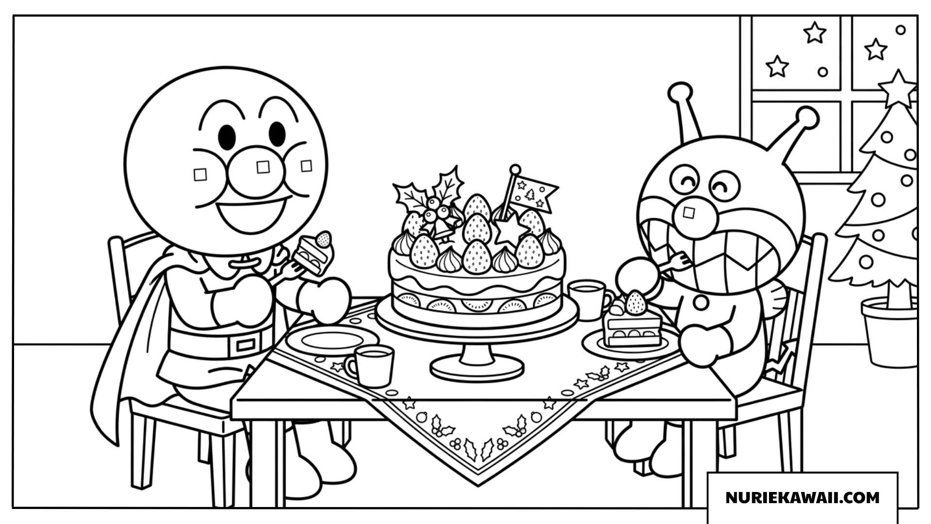 アンパンマンとばいきんまんがケーキを食べるクリスマス塗り絵
