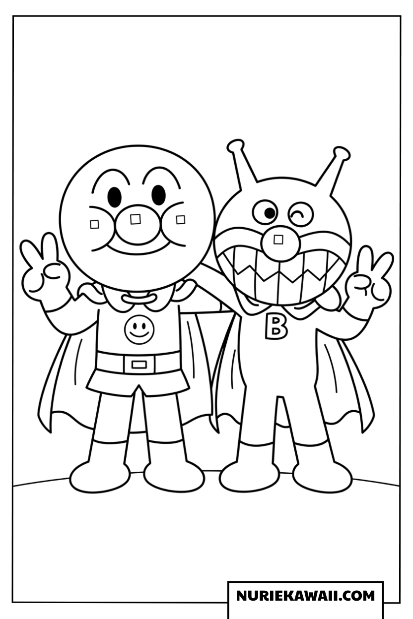 アンパンマンとばいきんまんがピースする仲良し塗り絵