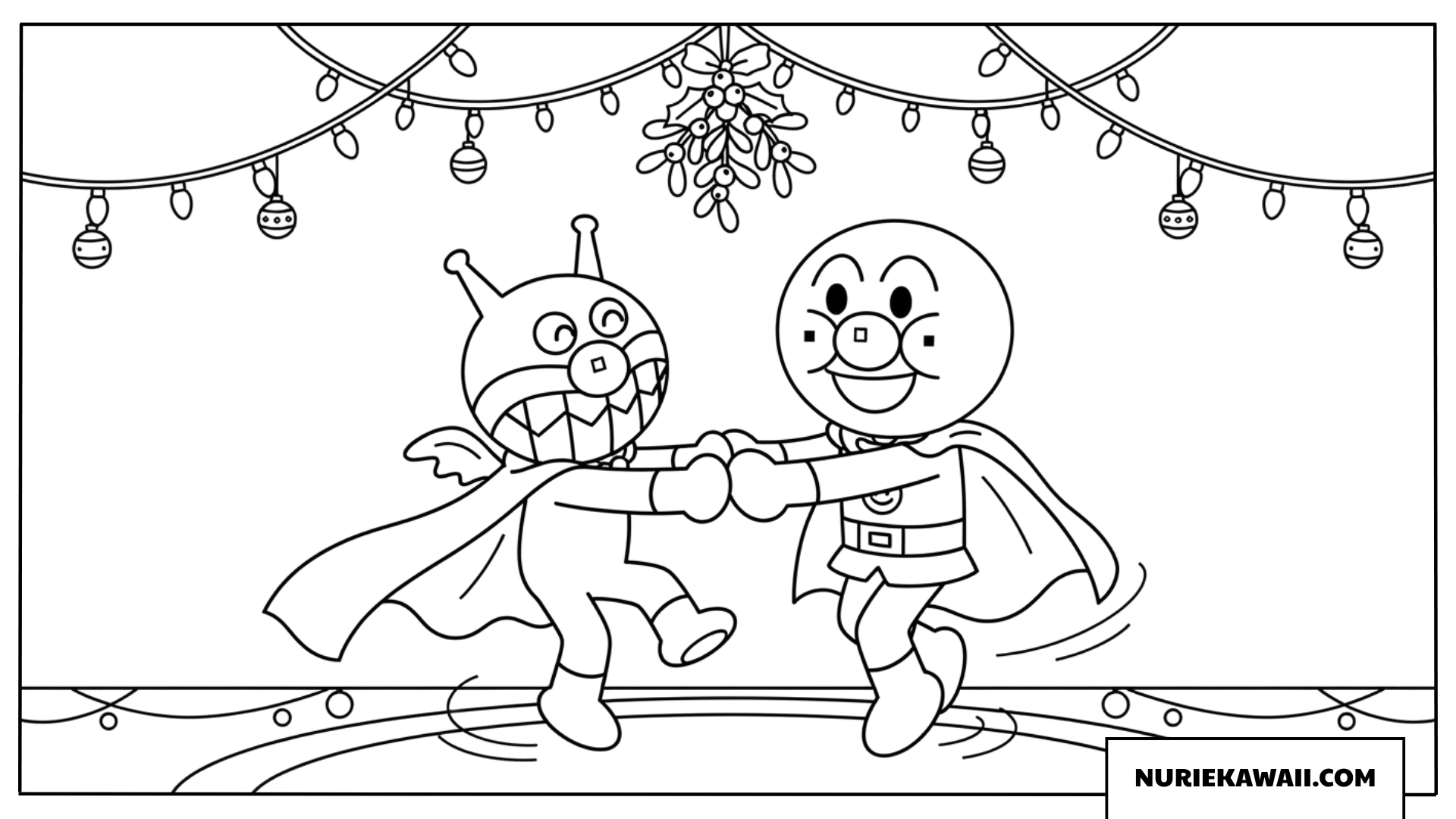 アンパンマンとばいきんまんが手をつないで踊るクリスマス塗り絵