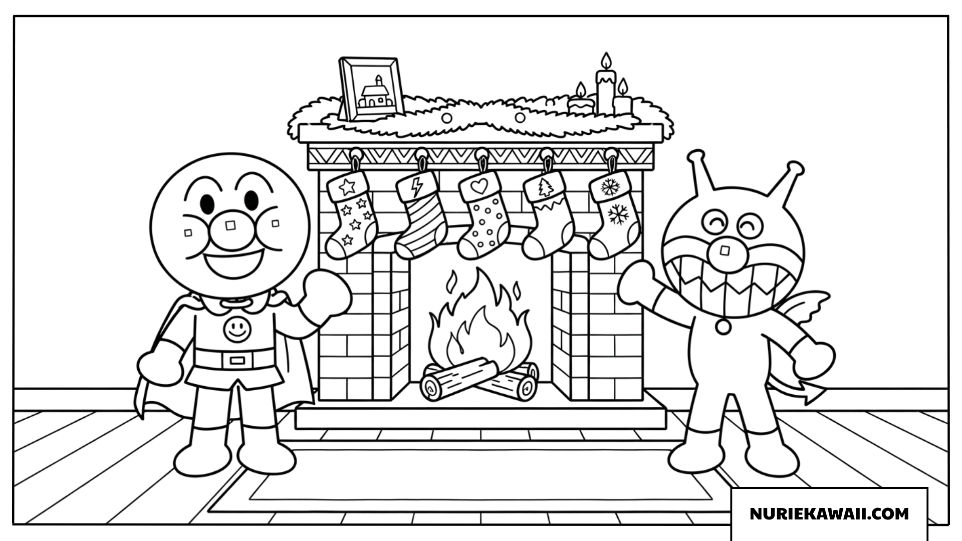 アンパンマンとばいきんまんが暖炉の横に並ぶクリスマス塗り絵