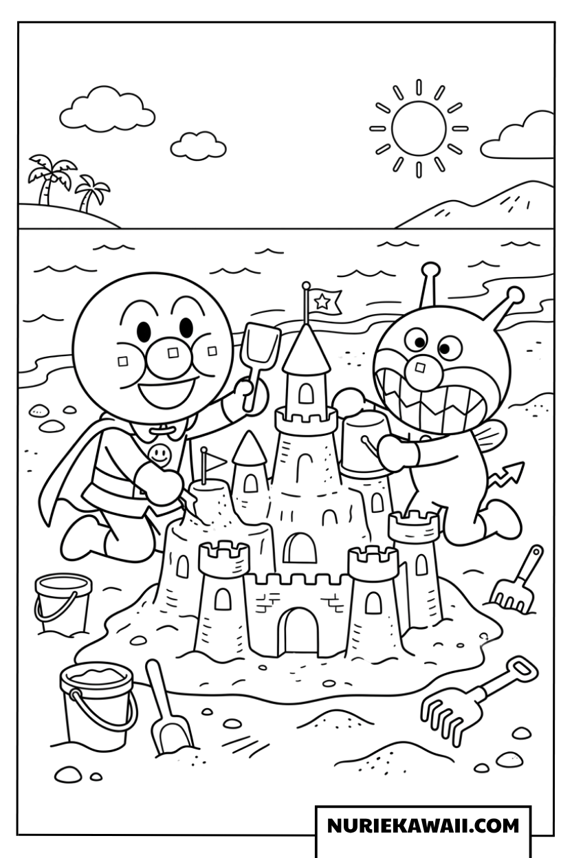 アンパンマンとばいきんまんが海辺で砂のお城を作る塗り絵