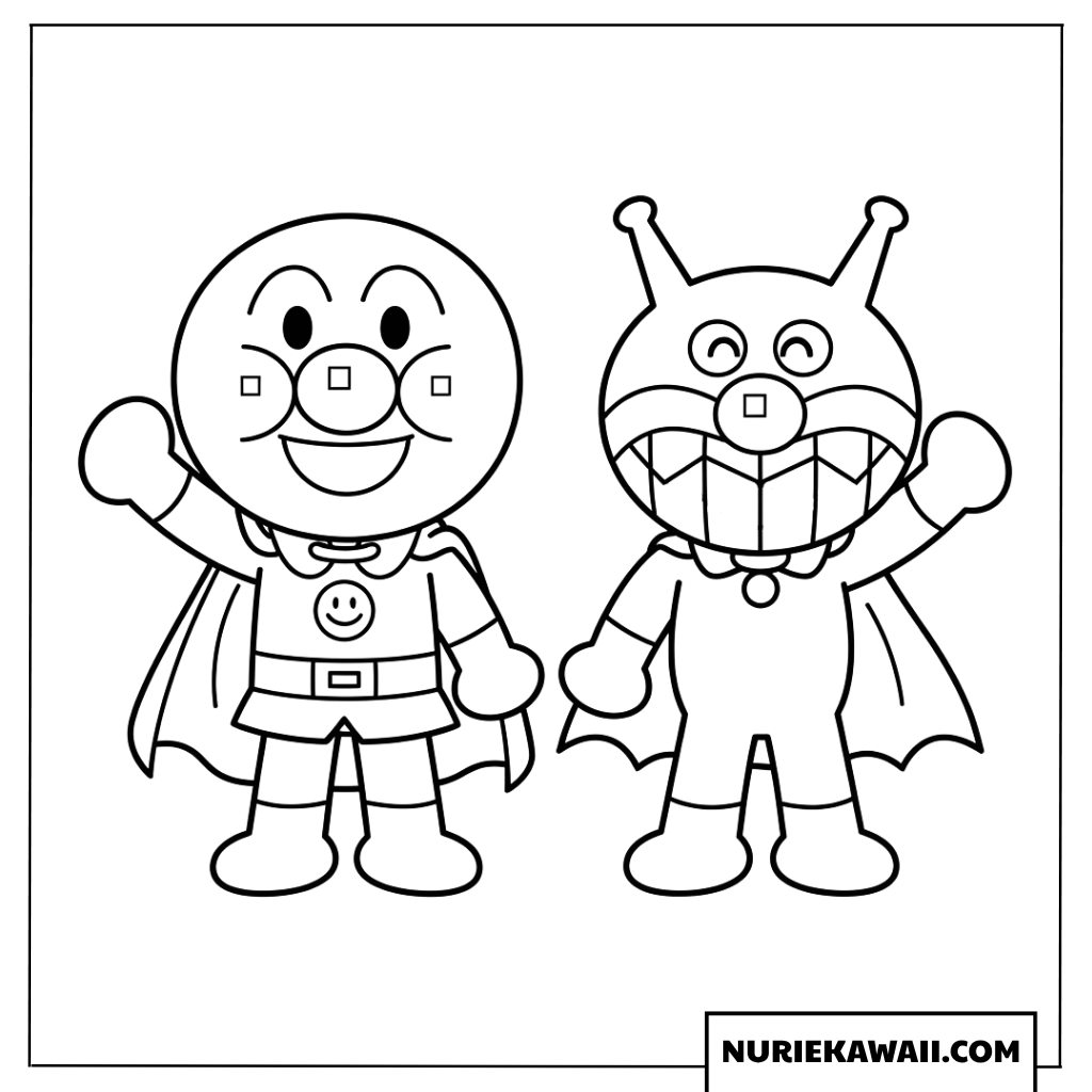 アンパンマンとばいきんまんが笑顔で手を振る幼児向けの塗り絵