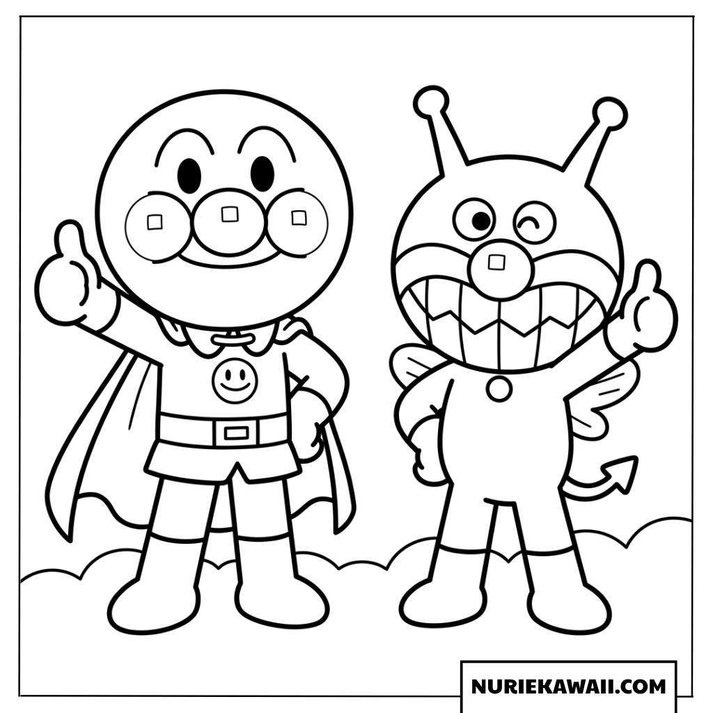 アンパンマンとばいきんまんが親指を立ててポーズする簡単な塗り絵