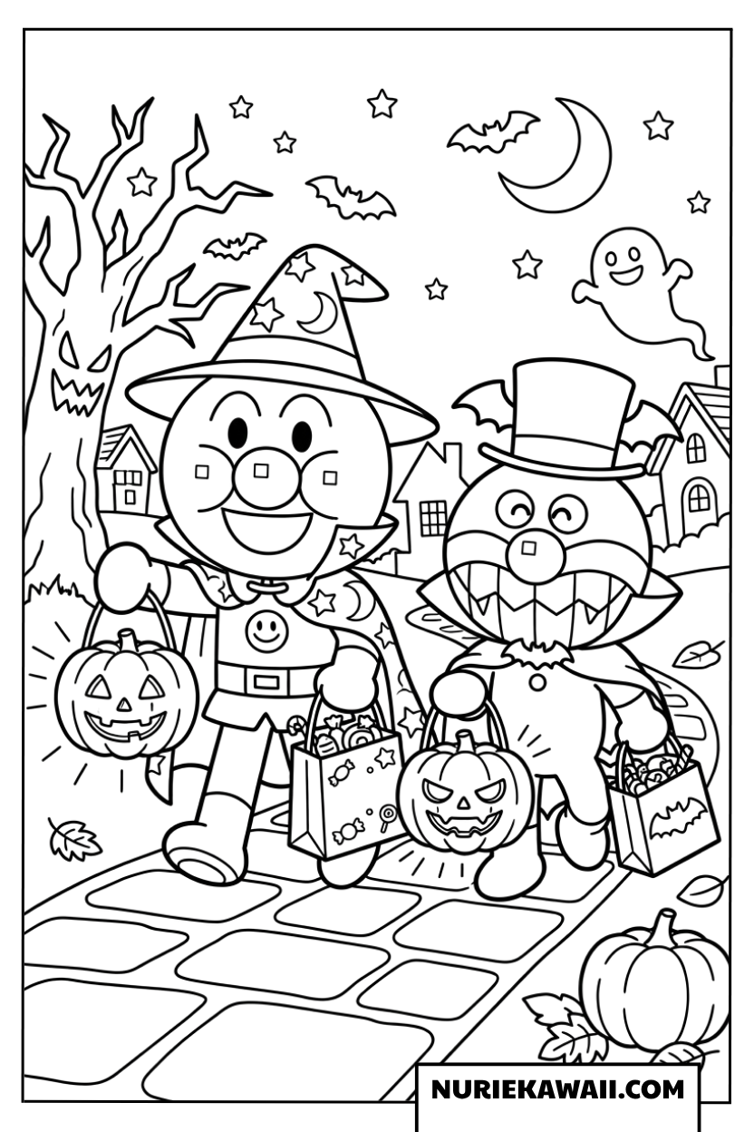 アンパンマンとばいきんまんのハロウィン仮装塗り絵
