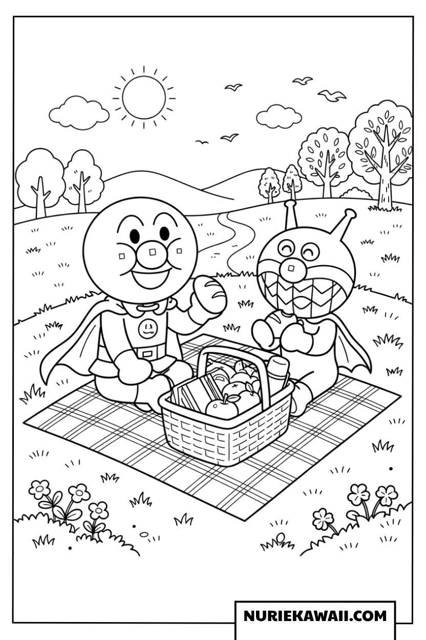 アンパンマンとばいきんまんの楽しいピクニック塗り絵
