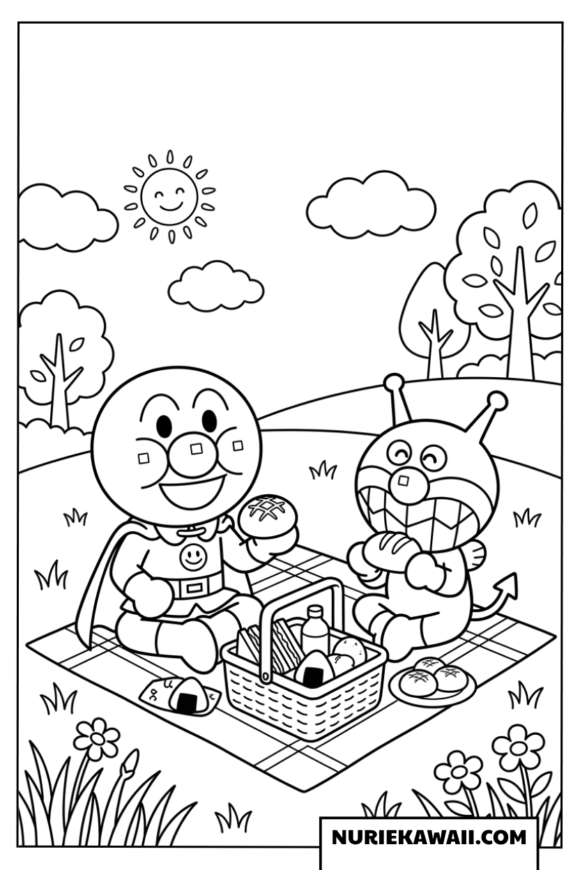 アンパンマンとバイキンマンの楽しいピクニック塗り絵