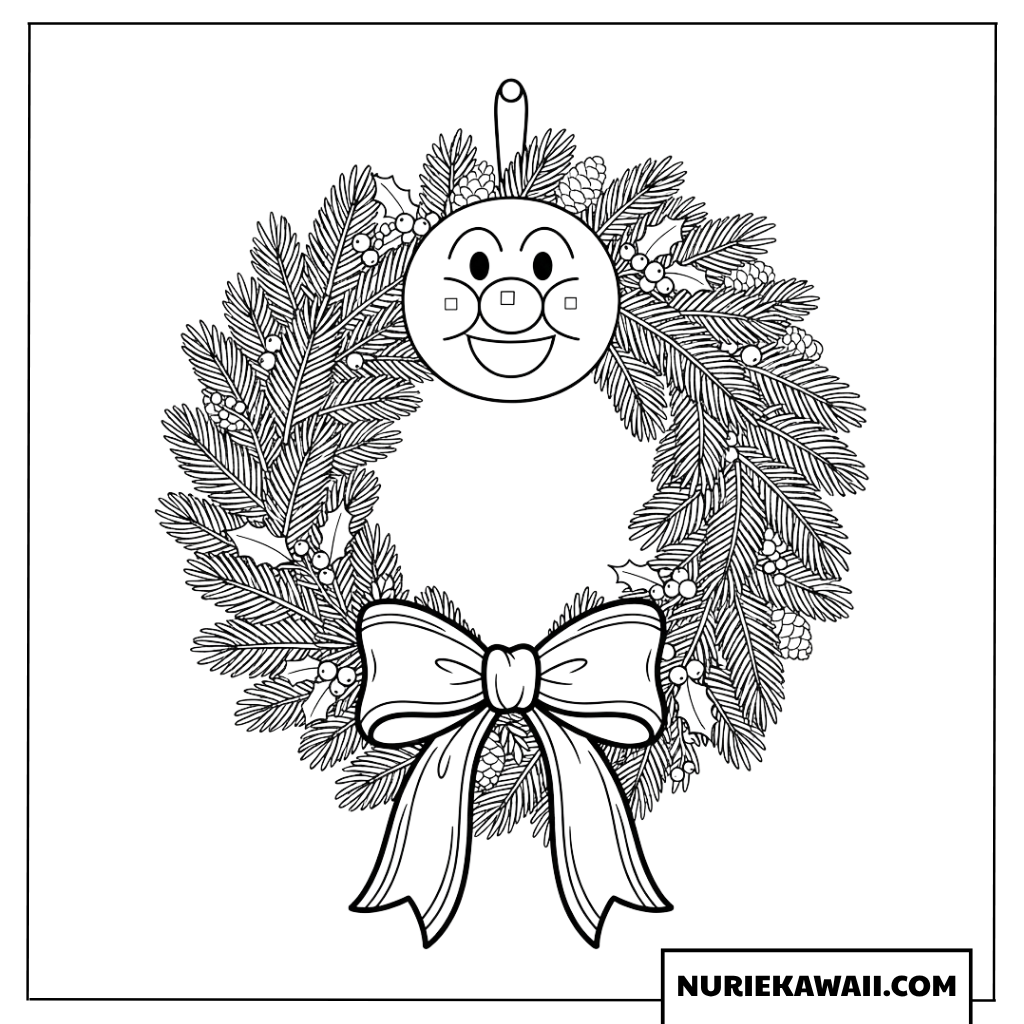 アンパンマンの顔が上部に飾られたクリスマスリースの塗り絵