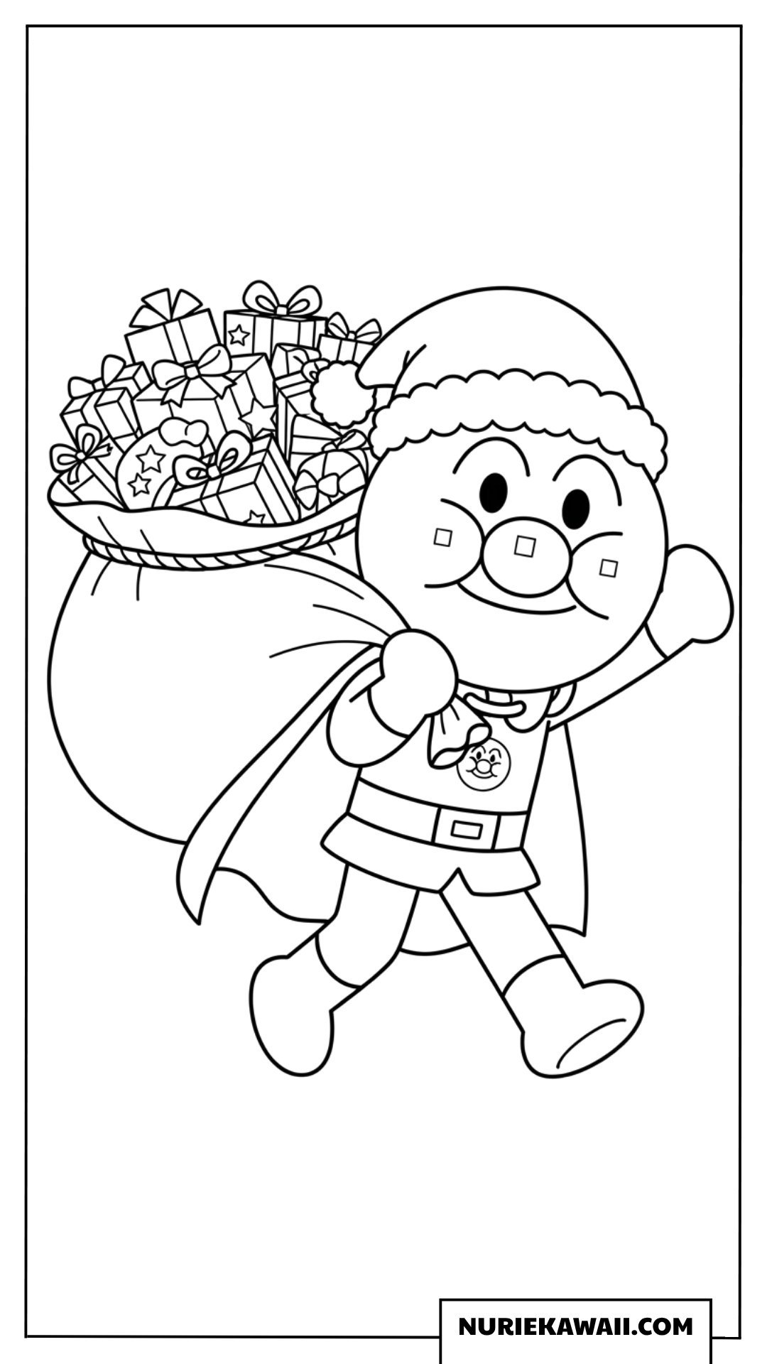 アンパンマンサンタが大きなプレゼント袋を運ぶ塗り絵