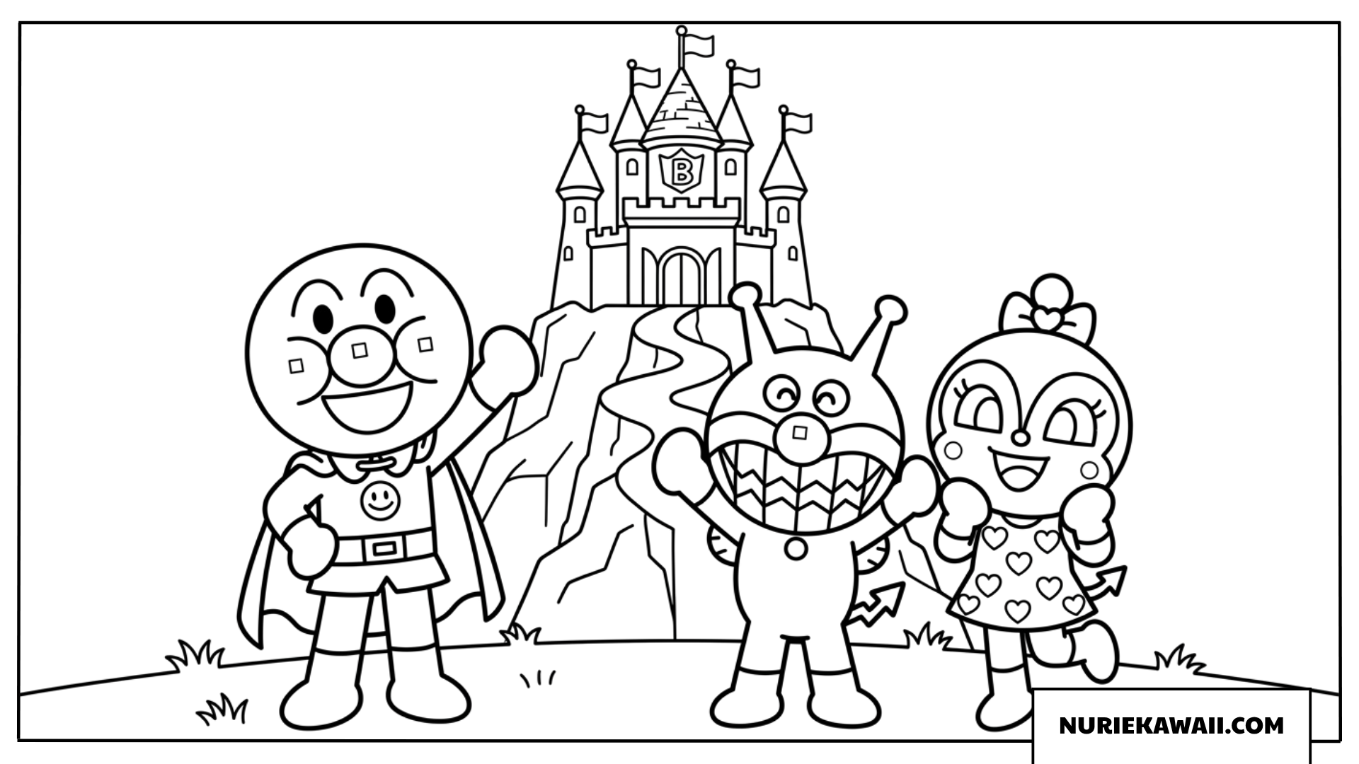 アンパンマン達がお城をバックに元気にポーズをとる塗り絵