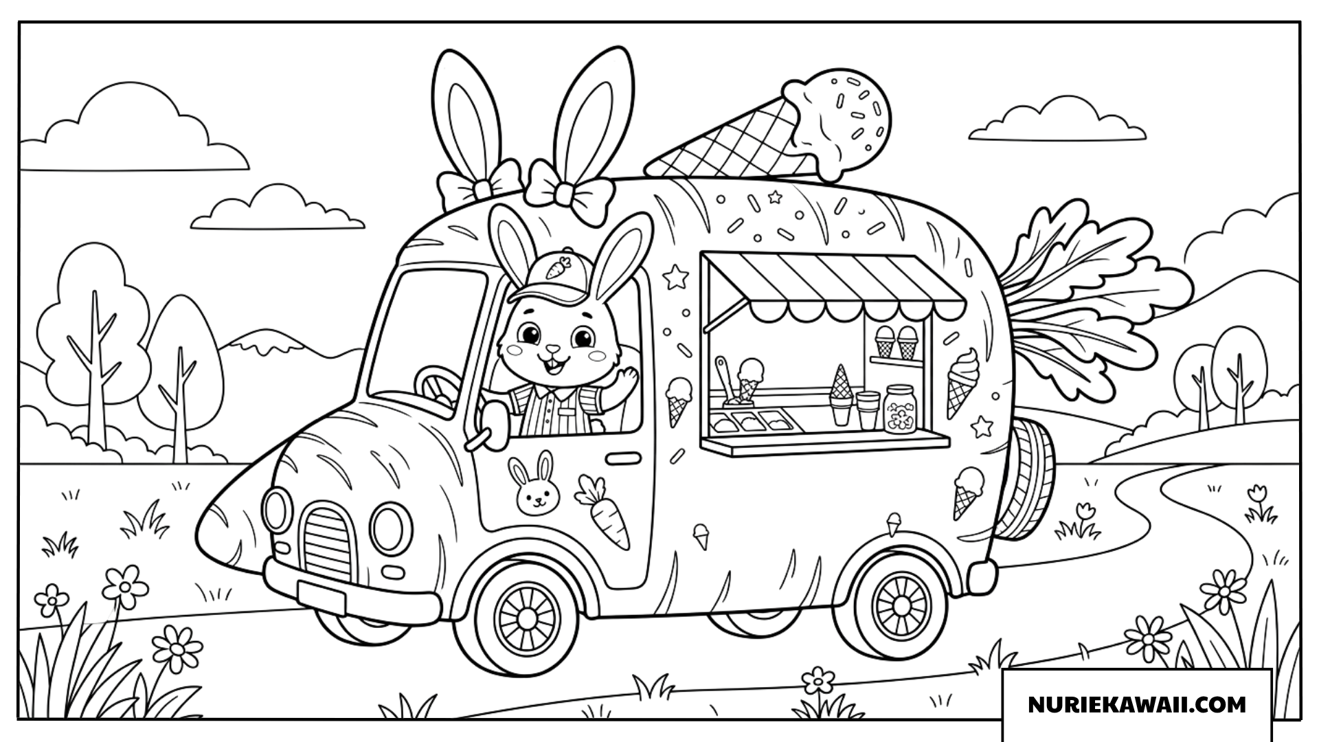 ウサギさんがにんじんカーを運転するアイスクリームカーの塗り絵