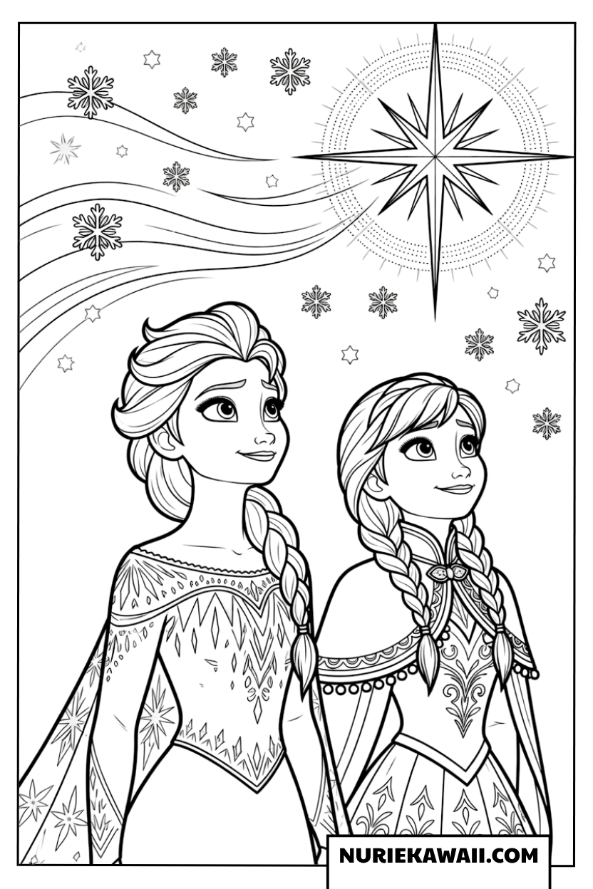 エルサとアナが見上げる聖なる夜のクリスマス星空塗り絵