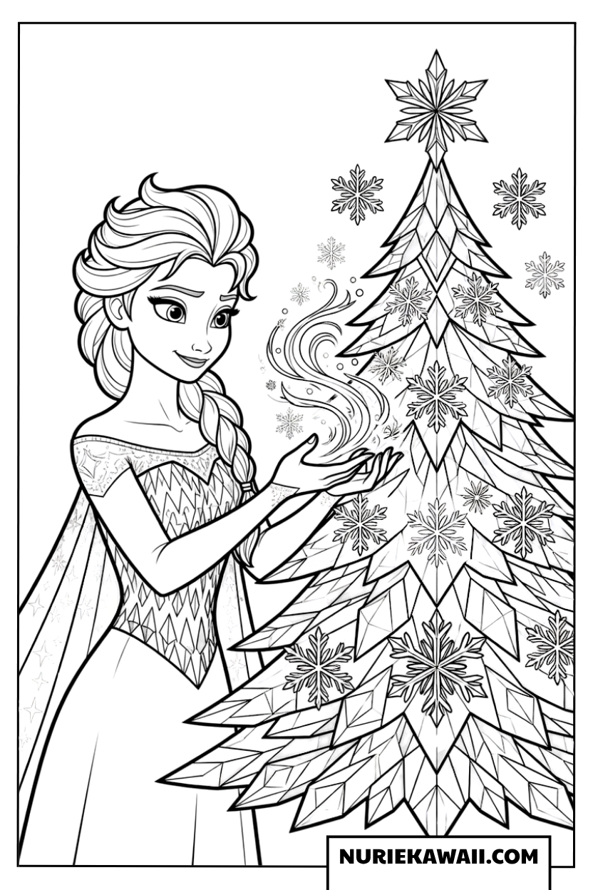 エルサの魔法とクリスタルクリスマスツリーの塗り絵