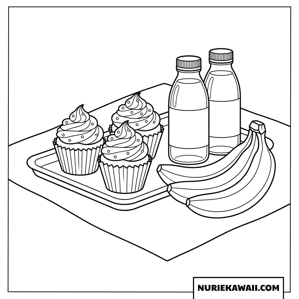 カップケーキとバナナとジュースのピクニックおやつの塗り絵