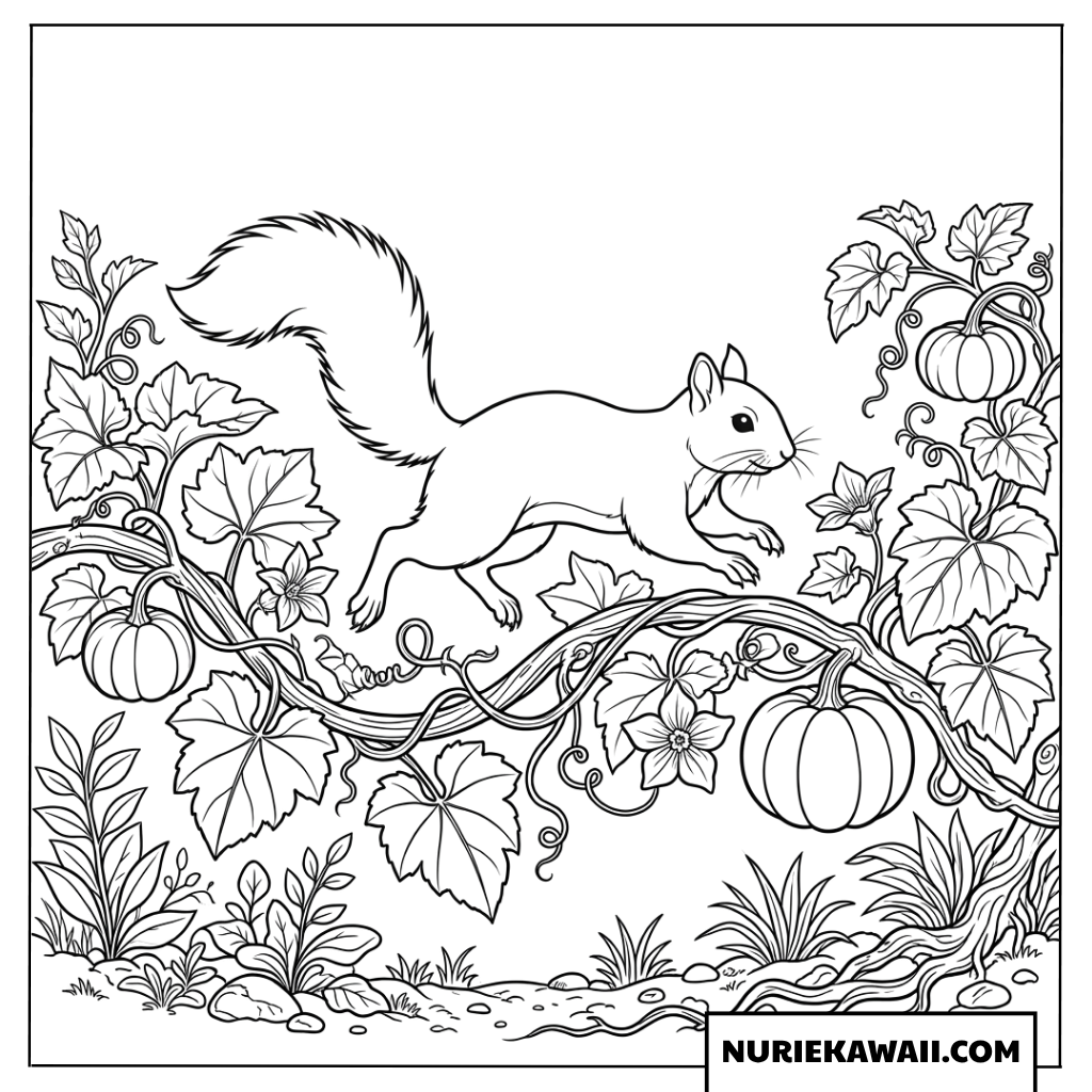 カボチャのつるの上を軽快に走るリスの塗り絵