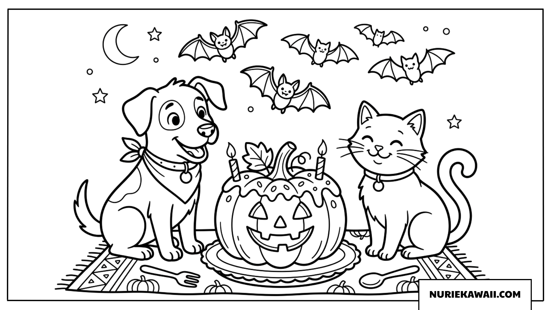 カボチャのケーキを前に仲良く並ぶ犬と猫の塗り絵