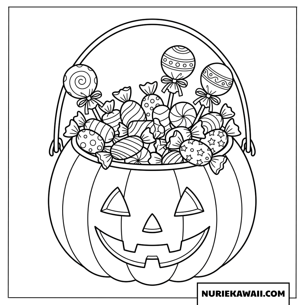キャンディがいっぱい詰まったハロウィンかぼちゃのバケツの塗り絵