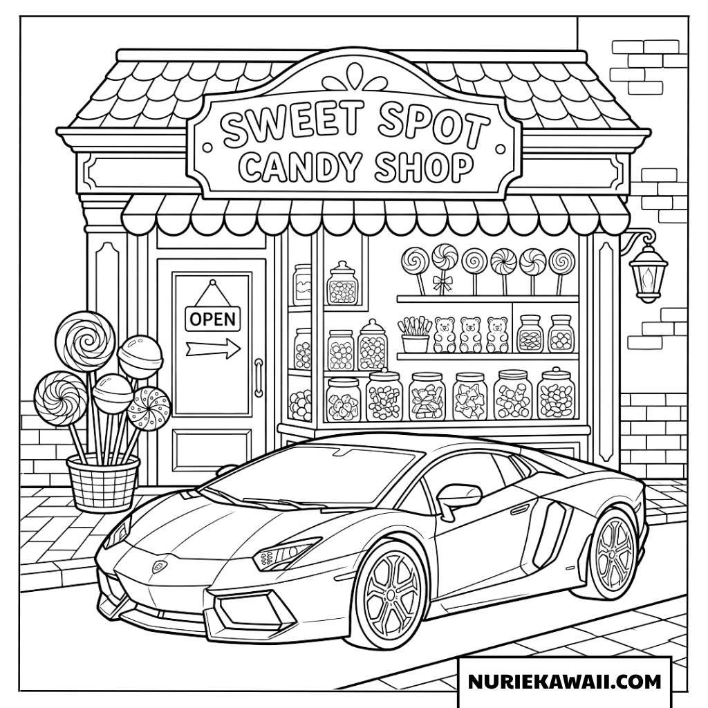 キャンディショップの前にかっこよく停まるランボルギーニの可愛い塗り絵