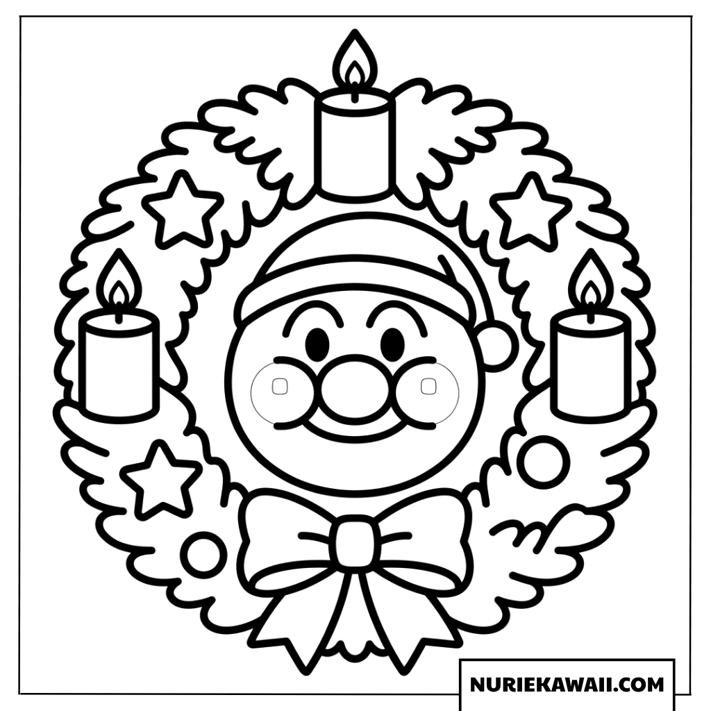 キャンドルとサンタ帽のアンパンマンが可愛いクリスマスリースの塗り絵