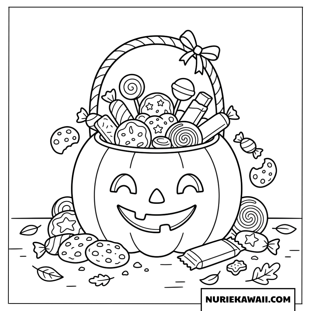 クッキーやお菓子に囲まれた可愛いハロウィンかぼちゃの塗り絵
