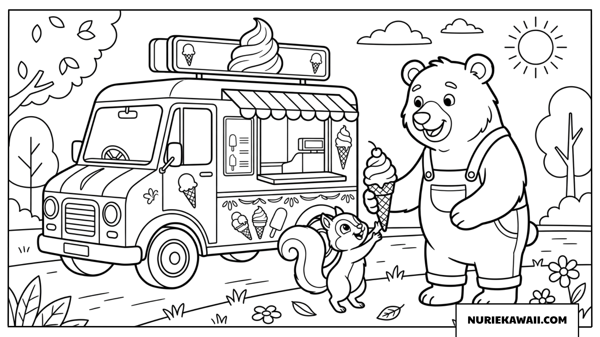 クマさんがリスくんにアイスを渡すアイスクリームカーの塗り絵