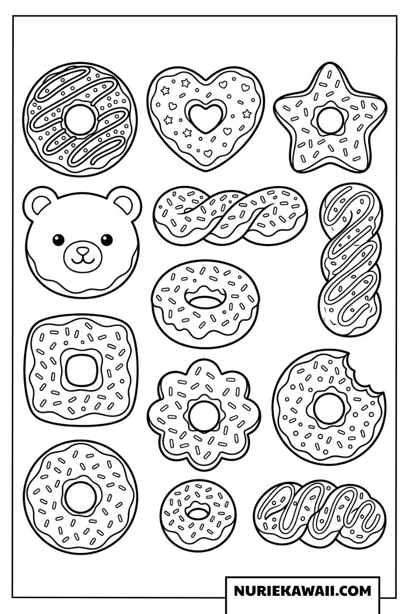 クマ型やハート型など色々な種類の可愛いドーナツがいっぱいの塗り絵