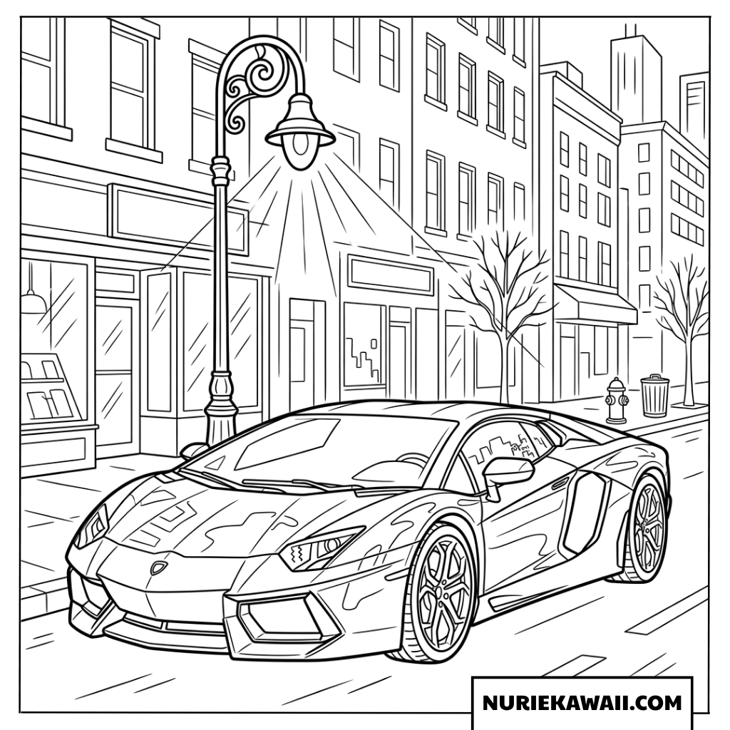 クラシカルな街灯の光に照らされる夜のストリートのランボルギーニの塗り絵