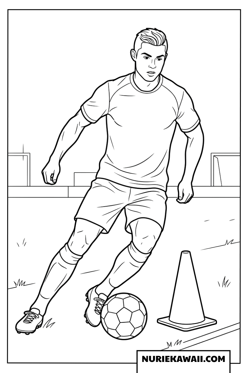 クリスティアーノロナウドが練習コーンをドリブルする塗り絵