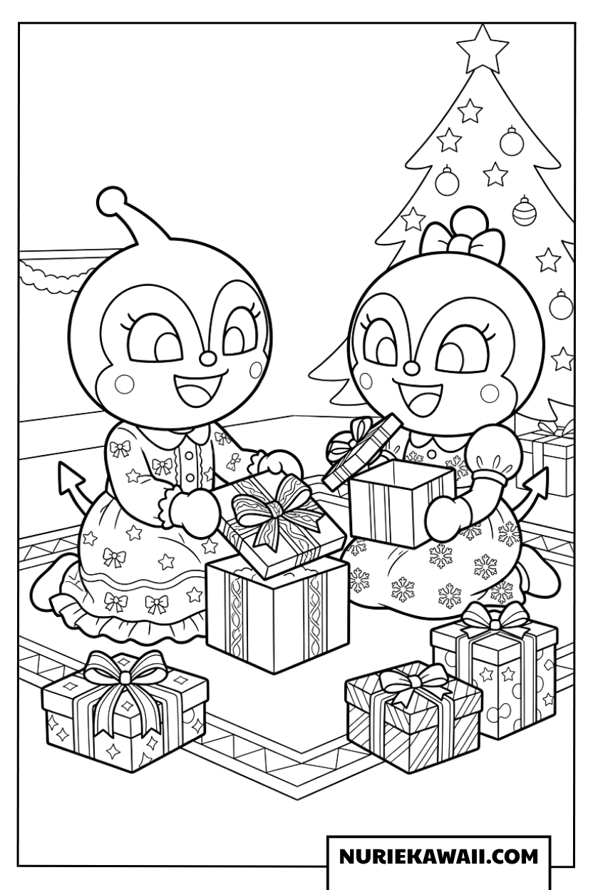 クリスマスツリーの前でプレゼント箱を開けて喜ぶドキンちゃんとコキンちゃんの塗り絵
