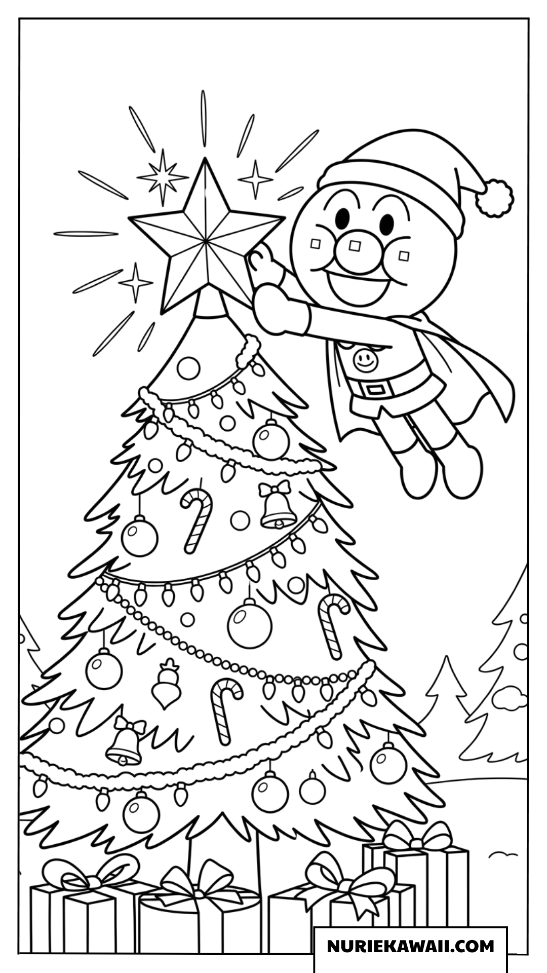 クリスマスツリーの頂点に星を飾るアンパンマンの塗り絵