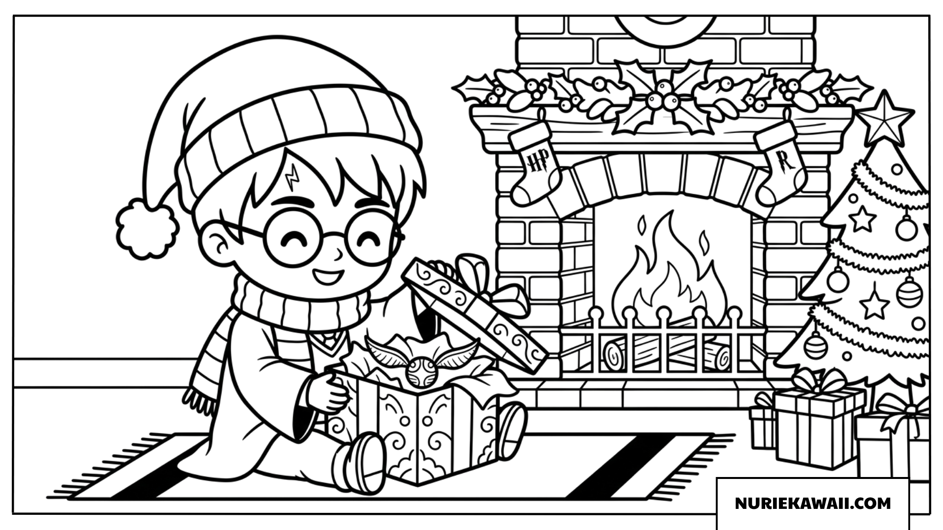 クリスマスプレゼントを開けるハリー塗り絵