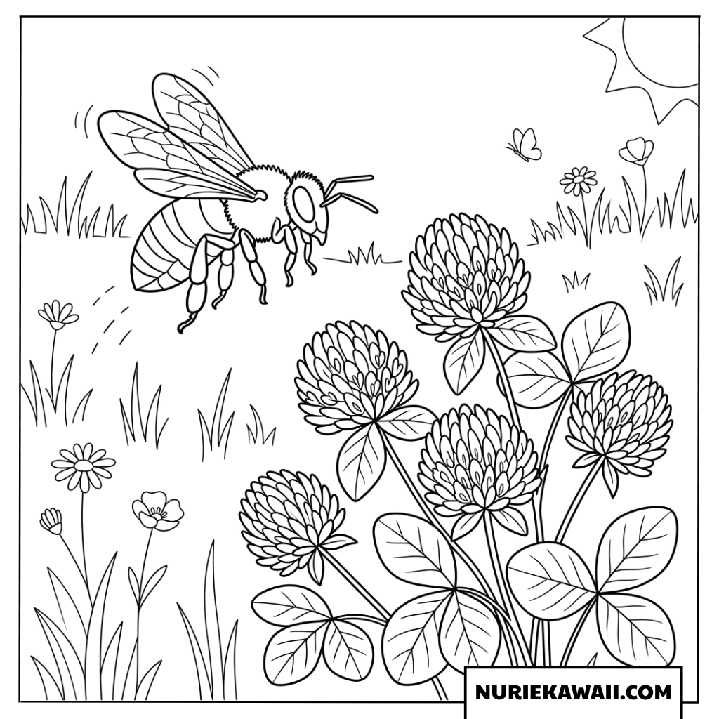 クローバーの花に向かって飛ぶミツバチの塗り絵