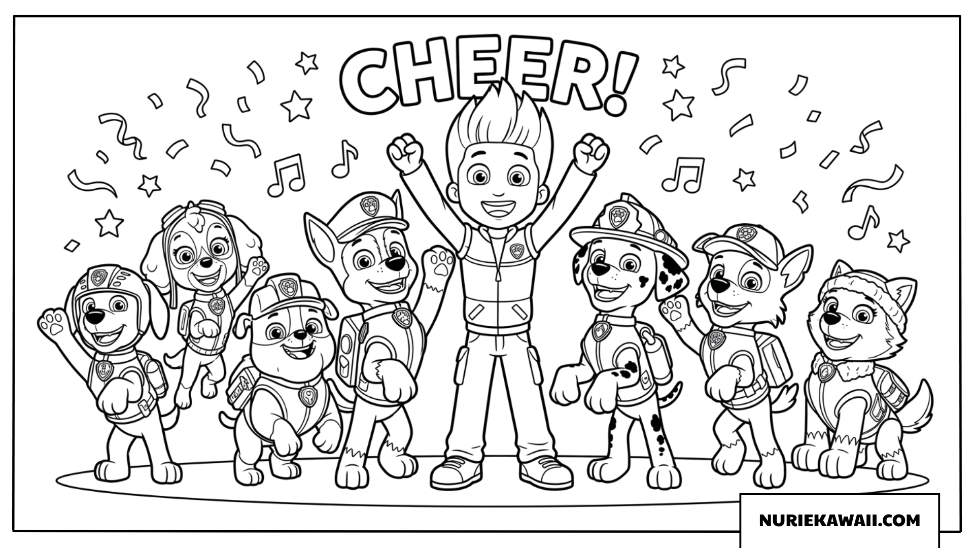 ケントとパウパトロールの仲間たちが楽しくお祝いする塗り絵