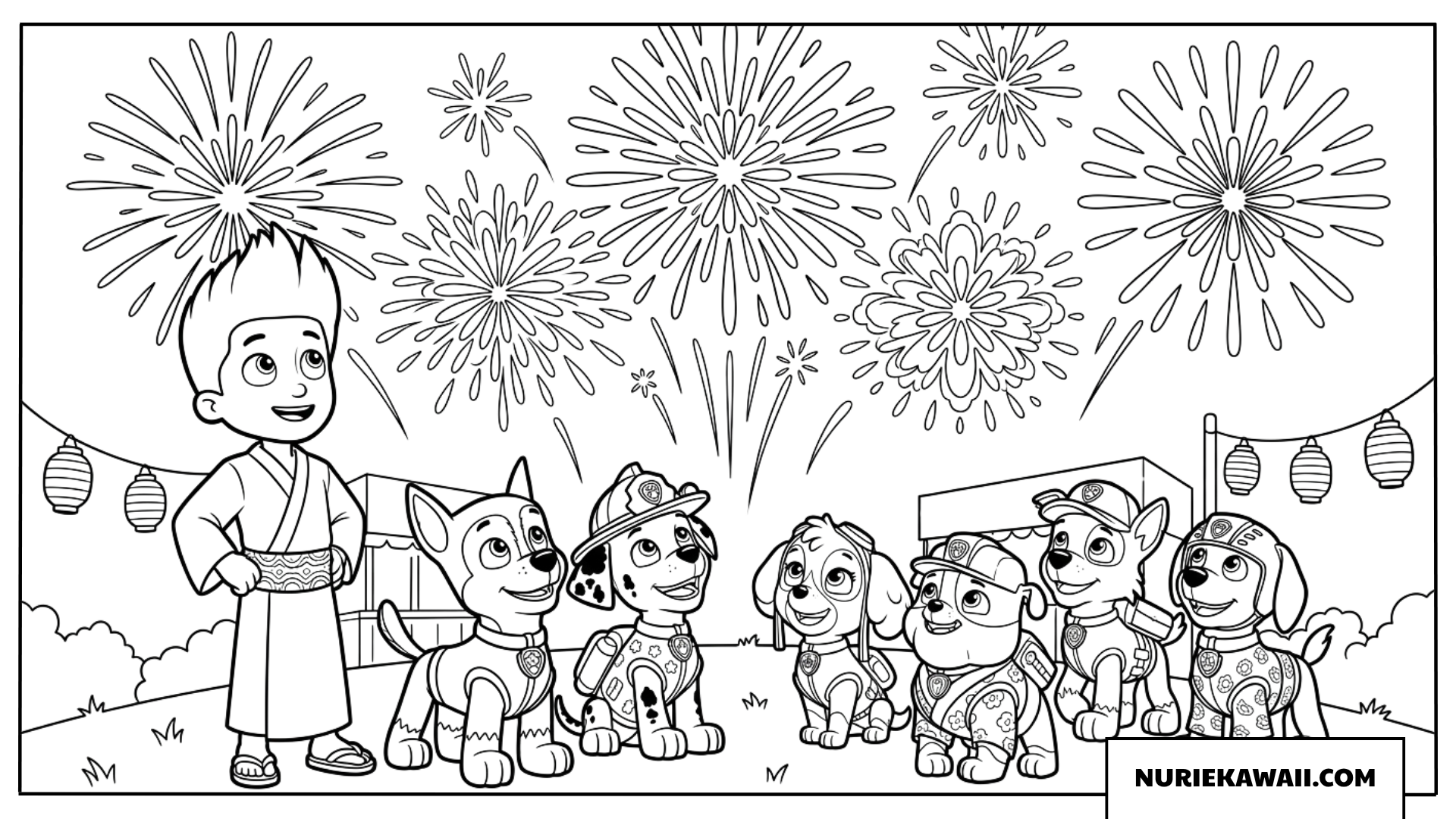 ケントと子犬たちが夏祭りの大迫力な花火を見上げる塗り絵