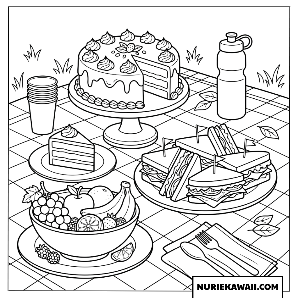 ケーキとサンドイッチが並ぶ豪華なピクニックの塗り絵