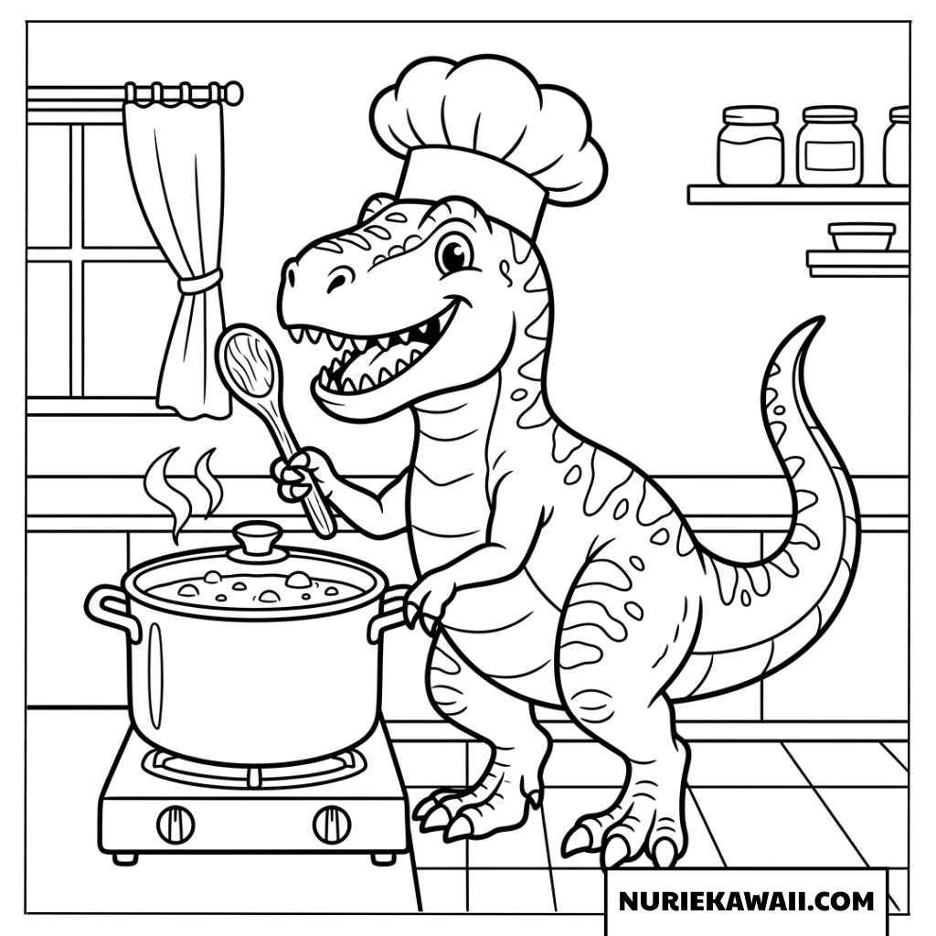 コック帽をかぶって大きな鍋でスープを作るティラノサウルスの塗り絵