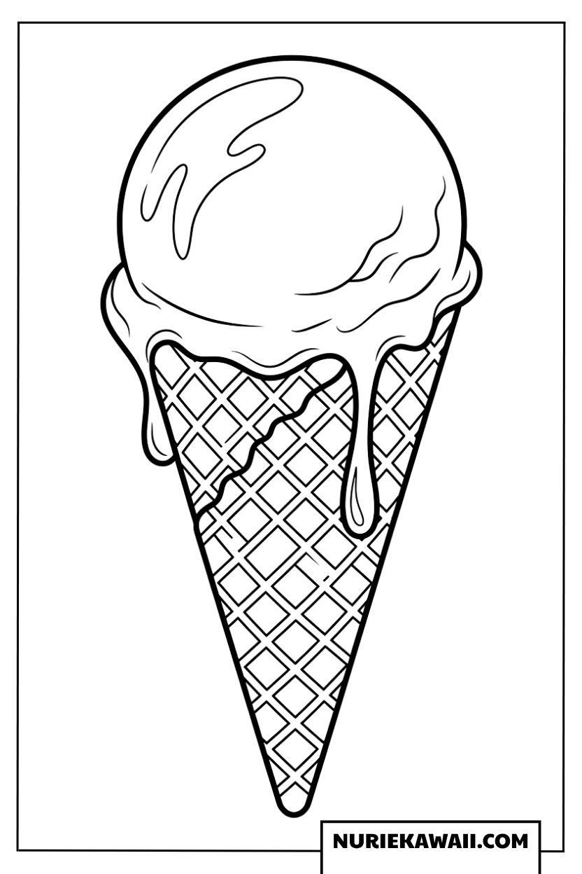 コーンに乗った溶けかけのアイスクリームの塗り絵