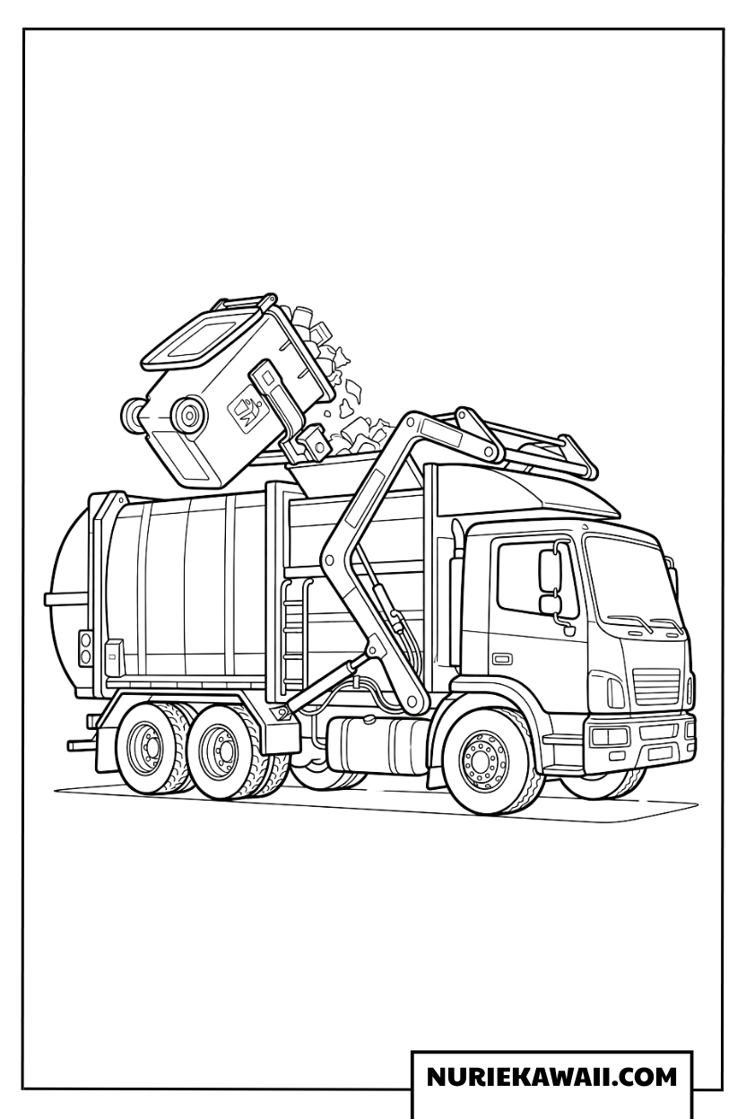 ゴミ箱を持ち上げて回収する働くゴミ収集車の塗り絵