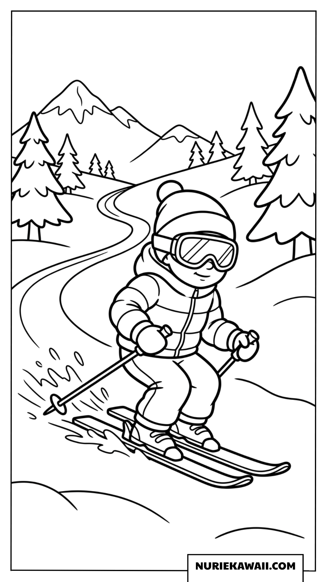 ゴーグルを着用して雄大な雪山をスキーで滑り降りる子供の塗り絵