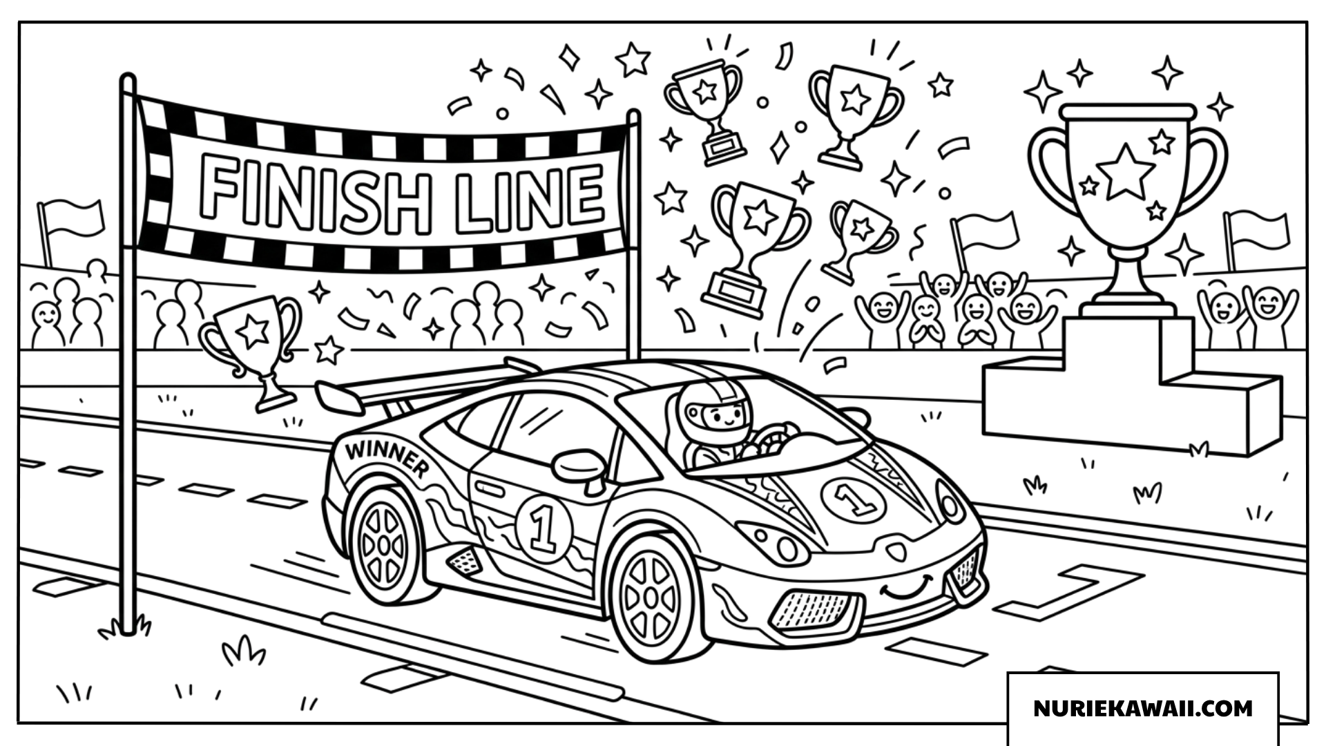 ゴールインして優勝カップに囲まれるランボルギーニの可愛い塗り絵