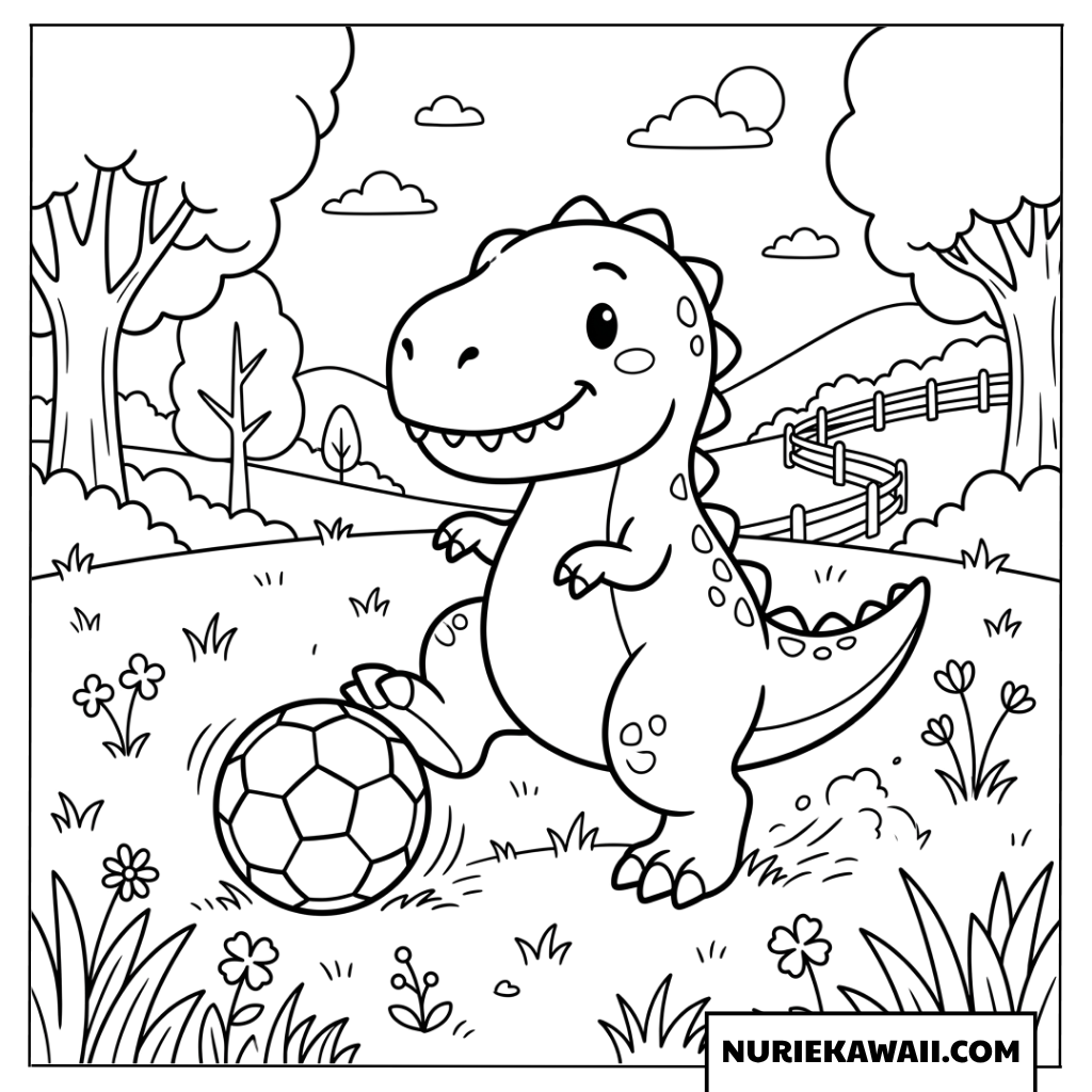 サッカーをするTレックスの塗り絵