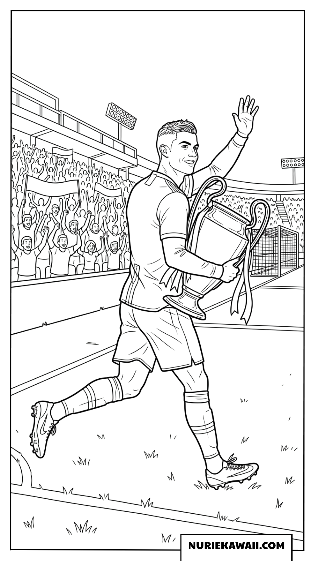 サッカースタジアムでトロフィーを抱えて走るロナウドの塗り絵