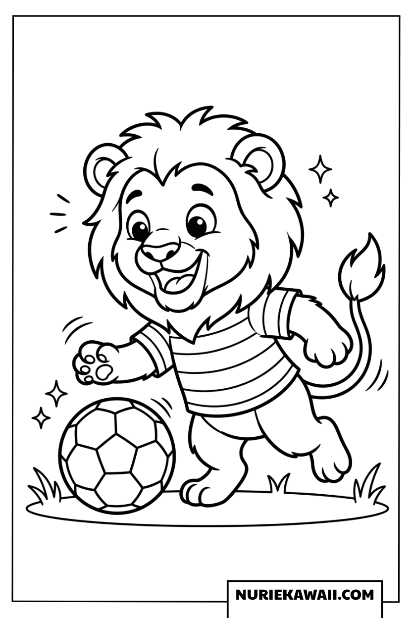 サッカーボールで遊ぶ元気なライオンの塗り絵