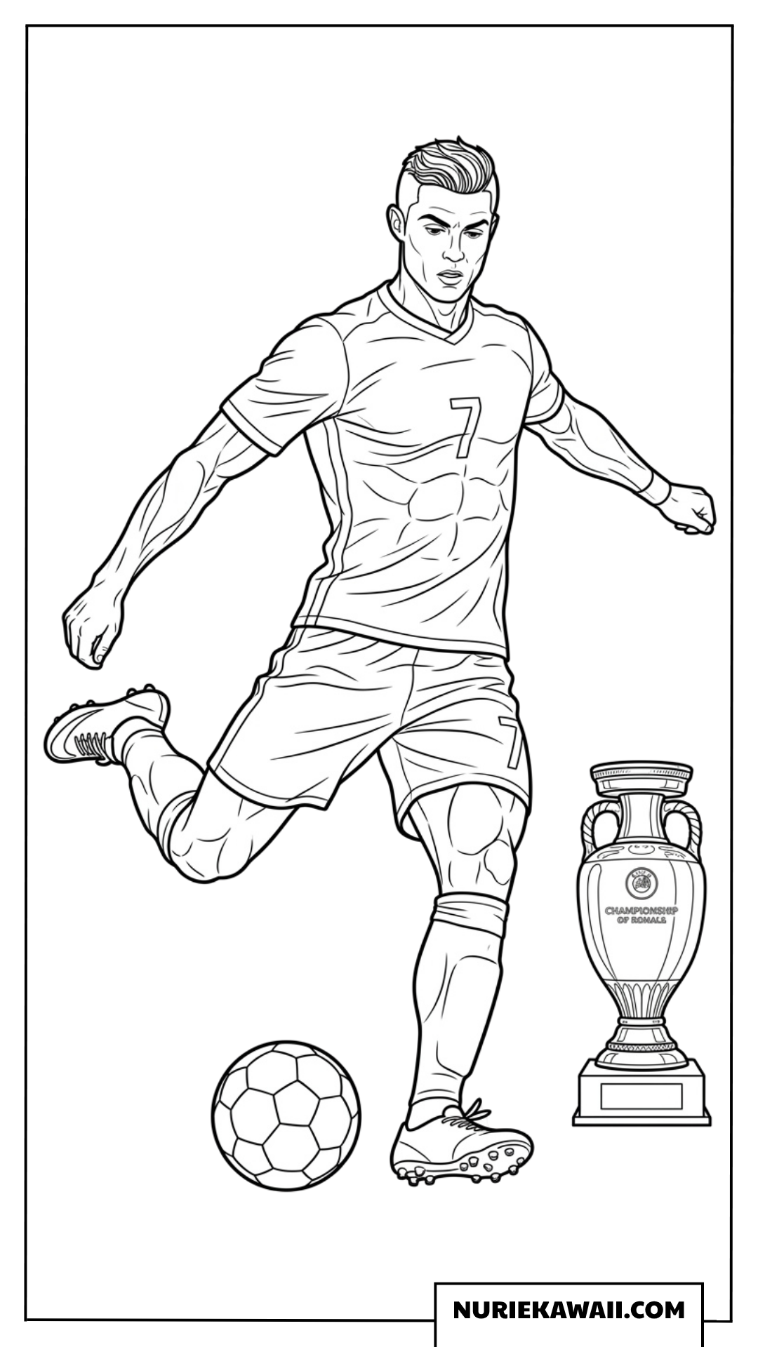 サッカー場で力強くシュートを放つロナウドとチャンピオンカップの塗り絵