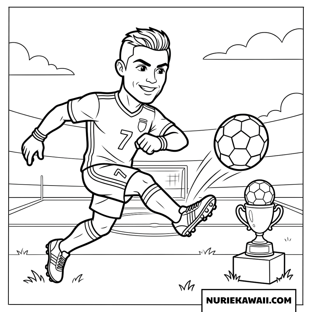 サッカー場で力強くボールをキックするアニメ風ロナウドとトロフィーの塗り絵