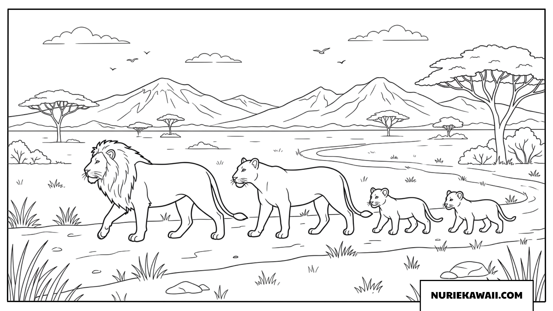 サバンナの道を歩くライオンの家族の塗り絵